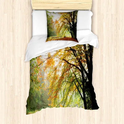 Produktbild von ABAKUHAUS Wald Mantele, Herbst-Wald Friedensansicht, Milbensicher Allergiker geeignet mit Kissenbezügen, 135 cm x 200 cm - 80 x 80 cm, Orange Grün