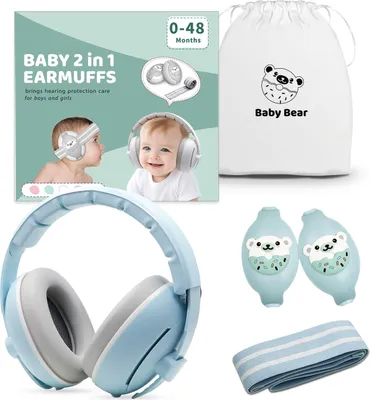 Produktbild von Youha Gehörschutzset - Gehörschutz geeignet für Babys und Kleinkinder (0-4 Jahre) - 2-in-1 Set - Anti-Rutsch- und Klettverschluss - Farbe: Blau