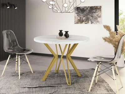 Produktbild von Runder Tisch in Weißer Marmoroptik für das Esszimmer - 100 oder 120 cm Durchmesser - Ausziehbarer Tisch mit Pulverbeschichteten Goldenenn Metallbeinen - Industriestil - 100 cm - Marmor Weiß