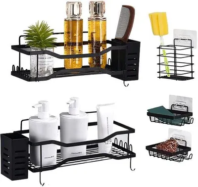 Produktbild von Unyqoos® 5‑teiliges Duschregal-Set ohne Bohren – Kohlenstoffstahl, Edelstahl‑Eckkorb, 4 Haken, für Bad, Küche & Wohnzimmer