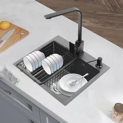 Produktbild von Schwarzes Spülbecken 40x45cm mit 360° drehbarem Wasserhahn und Edelstahl Einbauspüle