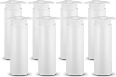 A set of eight identical white cabinet feet arranged in two rows on a white background.