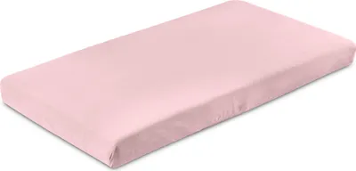 A pink crib sheet is shown on a white background.