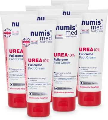 Produktbild von numis med Fußcreme mit 10% Urea - Hautberuhigende Fusscreme für sehr trockene & raue Füße - vegane Fußpflege 6x 100 ml