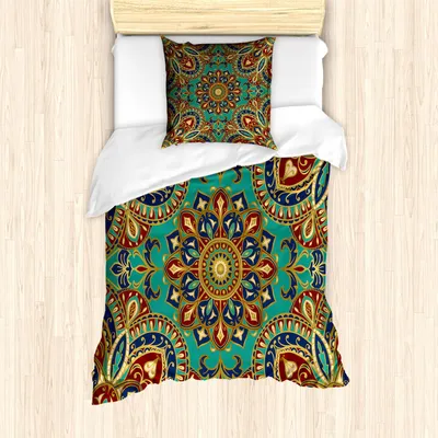 Produktbild von ABAKUHAUS Mandala Bettbezug Set, Muster Mit Mandala Style Östlichen Mittelalterlichen Arabesque Oriental Ethnic, 135 x 200 cm + 80 x 80 cm, Teal Indigo Rubin