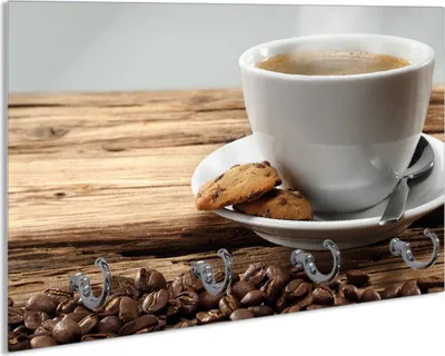Produktbild von Wallario Schlüsselbrett aus Glas, Motiv: Heiße Tasse Kaffee mit Kaffeebohnen, 30 x 20 cm mit 4 Haken