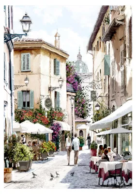 Produktbild von Leinwandbild Italienische Gasse mit Cafés 60x80 cm Canvas Wandbild Stadt Romantik Straße Blumen Kaffee Modern Wohnzimmer Schlafzimmer Deko Kunst