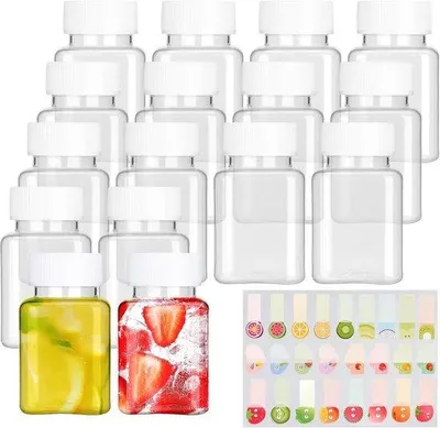 Productafbeelding van Set van 10 herbruikbare plastic drinkflessen van 100 ml met etiketten – transparant