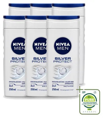 Zdjęcie produktu dla 6 sztuk żelu pod prysznic Nivea Men Silver Protect 3w1 - 250 ml - opakowanie zbiorcze