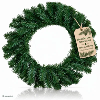 Produktbild von Künstlicher Tannenkranz Ø 50 cm mit 95 Zweigen – Weihnachtskranz Grün, Türkranz & Dekokranz in klassischer Tannenoptik, KI-generiertes Bild