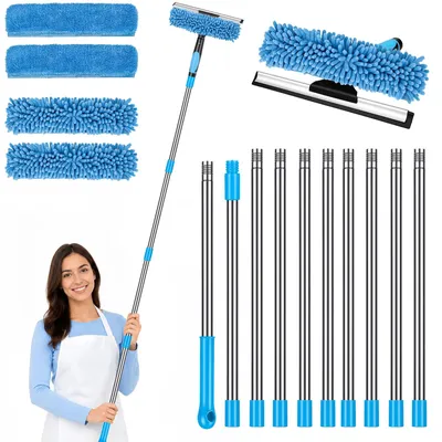 Image de Kit de nettoyage de vitres avec manche télescopique, raclette professionnelle