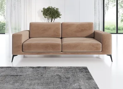 A modern, light brown sofa is shown in a well-lit room with large windows and sheer curtains in the background.