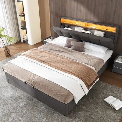 Obrázek produktu pro MODFU Čalouněná postel 140x190 cm Boxspringová postel s hydraulickým dvojlůžkem a LED osvětlením (bez matrace), Šedá