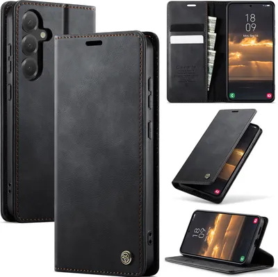 Image de Etui en cuir pour Samsung Galaxy S24+ / S25+, protection RFID, fermeture magnétique, fentes pour cartes et fonction stand Noir