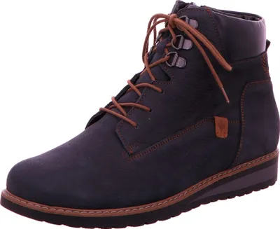 A single navy blue leather boot with brown laces and stitching, shown against a white background.