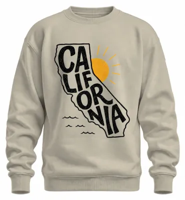 Imagen del producto de Sudadera con cuello redondo, estilo retro vintage, con motivos de la costa oeste de California, el sol, las olas y la playa. Diseño "USA". Color: natural