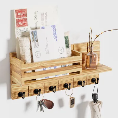 Produktbild von Schlüsselbrett mit Ablage und 6 Haken, Holz, braun