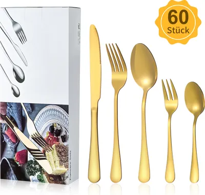 Obrázek produktu pro Sada příborů, 60dílná sada příborů pro 12 osob s nožem vidličkou lžící, příbory z nerezové oceli, leštěné (zlaté)