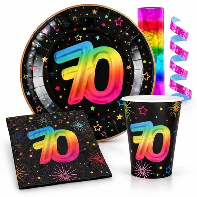 Produktbild von 70. Geburtstag Einweggeschirr bunt Partyset Party Geschirr Pappteller Pappbecher Servietten