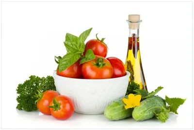 Produktbild von Wallario Premium Glasbild, freischwebende Optik, kräftige Farben, Größe 90 x 60 cm Motiv Frische Salatzutaten mit Kräuter-Öl - Tomaten, Gurke, Petersilie