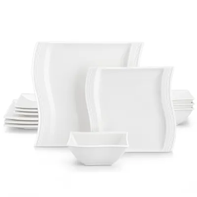 Image de Service de table en porcelaine, set d'assiettes de 12 pièces en blanc crème, set de vaisselle avec assiettes plates, assiettes à gâteaux, bols pour 4 personnes