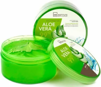 Three tubs of aloe vera soothing gel are displayed against a white background. One tub is open, showing the gel inside.