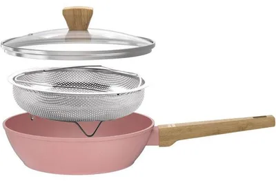 Obrázek produktu pro Pánev – Vhodná pro všechny typy sporáků, včetně indukce – ARTHUR MARTIN – AM0333 – Keramický povrch – 24 cm – S poklicí a vnitřní vložkou z nerezové oceli – Růžová