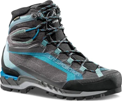 Grauer La Sportiva Trango Tech Woman GTX Schuh mit blauen Akzenten und schwarzer Sohle