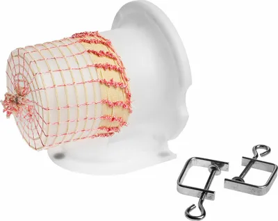 A meat netting applicator with netting and two metal clamps on a white background.