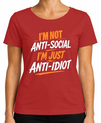 Imagen del producto de Camiseta roja para mujer con el texto: "No soy antisocial, solo soy anti-idiota". (Marca: Lustig)