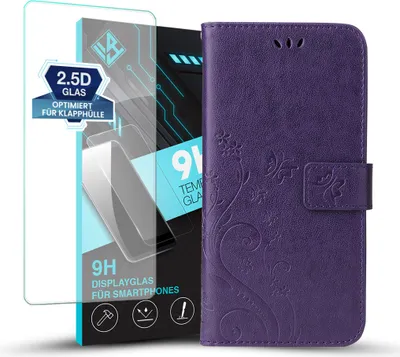 Produktbild von Handyhülle für Samsung Galaxy A17 / A17 5G mit 9H Displayglas Floral Blumen Schmetterling Flip Cover Hülle Case Klapphülle Handytasche Farbe: Violett