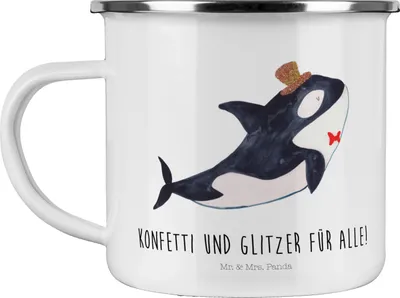 Produktbild von Mr. & Mrs. Panda Emaille Becher Orca Zylinder - Weiß - Geschenk, Meer, Glitter, Fest, Teetasse, Tasse, Glitzer, Geburtstag, Pott, Kaffeepott, Narwal