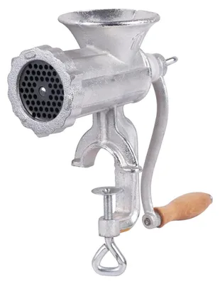 A manual meat grinder clamped to a surface.