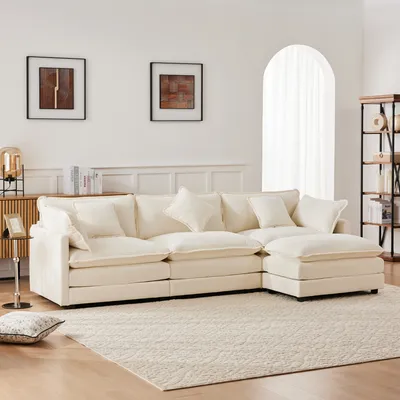Produktbild von Abrihome L-förmig Ecksofa 3-4 Sitzer Sofa-283x147x84 cm mit Fußhocker und Halbfixiertes Kissen, Chenille, Beige