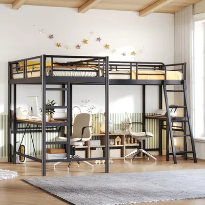 Produktbild von okwish Hochbett 90*200cm, zwei Etagenbetten mit Tisch unter dem Bett, Doppeltreppe, hohes Geländer, ohne Matratze- schwarz