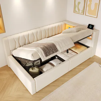Productafbeelding van Babybed van 90x190 cm, bekleed met fluweel in roze, met LED-verlichting, een lade, een verstelbaar lattenbodem en een verstelbaar hoofdeinde, ideaal voor kinderkamers