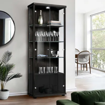 Produktbild von K-Möbel Vitrinenschrank 2-türig (176x67x33cm) -  Germany - Standvitrine Schwarz mit 4 höhenverstellbaren Glasböden & LED - Glasvitrine Stehend