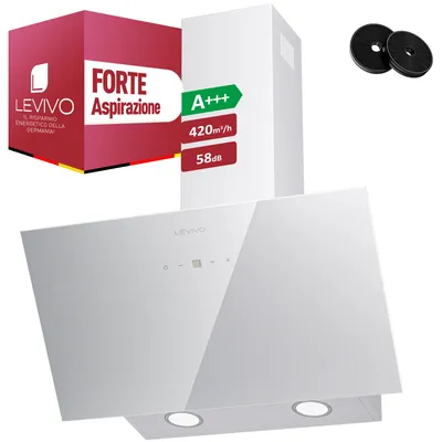 Immagine prodotto di LEVIVO Cappa aspirante senza cornice A+++ da 60 cm per ricircolo ed espulsione con portata d’aria di 420 m³/h, cappa con 2 filtri a carboni attivi, 1 filtro antigrasso, 3 livelli