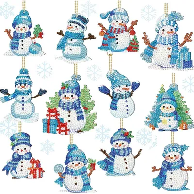 Productafbeelding van Schneemann Diamond Painting Hanger Set, 12 stuks, blauw, kerst, knutseldecoratie, voor kinderen