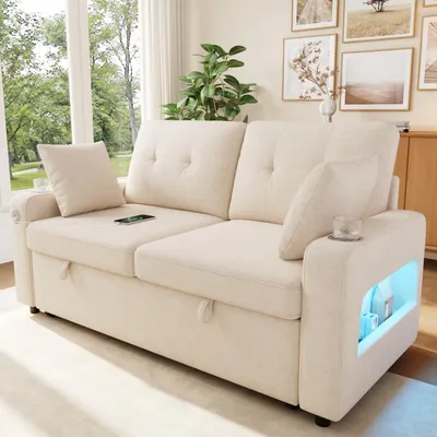 Produktbild von STILVORA 2-Sitzer Sofa mit Schlaffunktion und LED-Beleuchtung, Schlafsofa mit USB/Type-C-Ladeanschluss und Getränkehalter, Multifunktionssofa mit Armlehnen-Stauraum und 2 Kissen