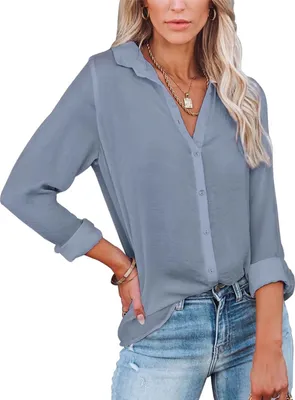 Produktbild von ASKSA Damen Langarmshirts Button Down V-Ausschnitt Einfarbig Revers Ausschnitt Blusen,Grau,M
