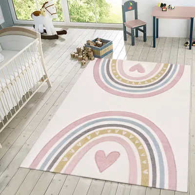Produktbild von TT Home Kinderzimmerteppich Junge Mädchen Kinderteppich 3D Optik Herz Regenbogen Größe 200x290 cm