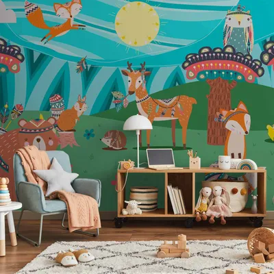 Produktbild von Vlies Fototapete - Adventures in the forest - forest animals in an Indian theme for children 100x70 cm Für Kinder e-C-0076-a-a