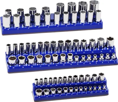 Produktbild von SucceBuy Magnetischer Steckschlüssel-Organizer-Satz, 3-teilig für 1/4 Zoll, 3/8 Zoll und 1/2 Zoll, für 75 Steckschlüssel, transparente Etiketten, blau (Steckschlüssel nicht im Lieferumfang enthalten)
