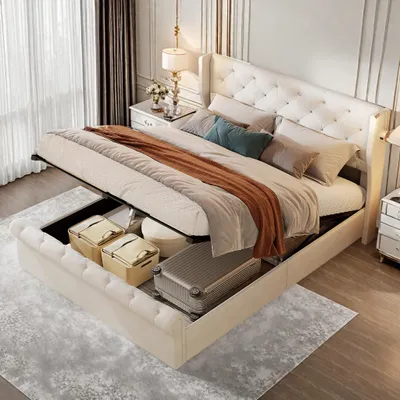 Immagine prodotto di Letto imbottito ProximaX con contenitore idraulico 160x200 cm in velluto beige - letto matrimoniale con illuminazione a LED sulla testata, design elegante e ampia base del letto per un ulteriore spazio di archiviazione