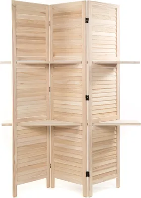 A three-panel wooden room divider with shelves.