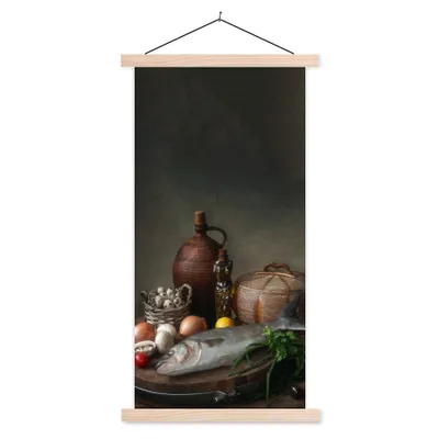 Produktbild von MuchoWow® Textilposter Rustikal - Fisch - Stilleben - Gemüse - Kräuter 60x120 cm mit holzfarbenen Rahmen - Holz