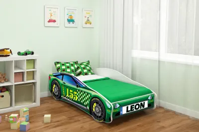 A child's bedroom with a car-themed bed.