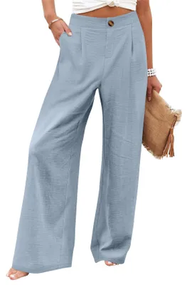 Produktbild von ASKSA Damen Weite Bein Hose Hohe Taille Leichte Sommerhose Palazzo Baggy Casual Freizeithose mit Taschen Himmelblau S