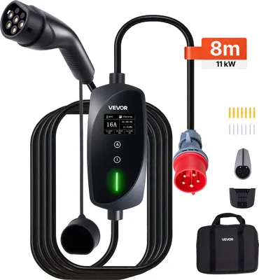 Zdjęcie produktu dla VEVOR Mobilna stacja ładowania, 11 kW 16 A, stacja ładowania typu 2, przenośna ładowarka trójfazowa z kablem ładującym o długości 8 m, wtyczka CEE16, ekran LCD, jednostka sterująca IP66, zasilanie do pojazdów elektrycznych
